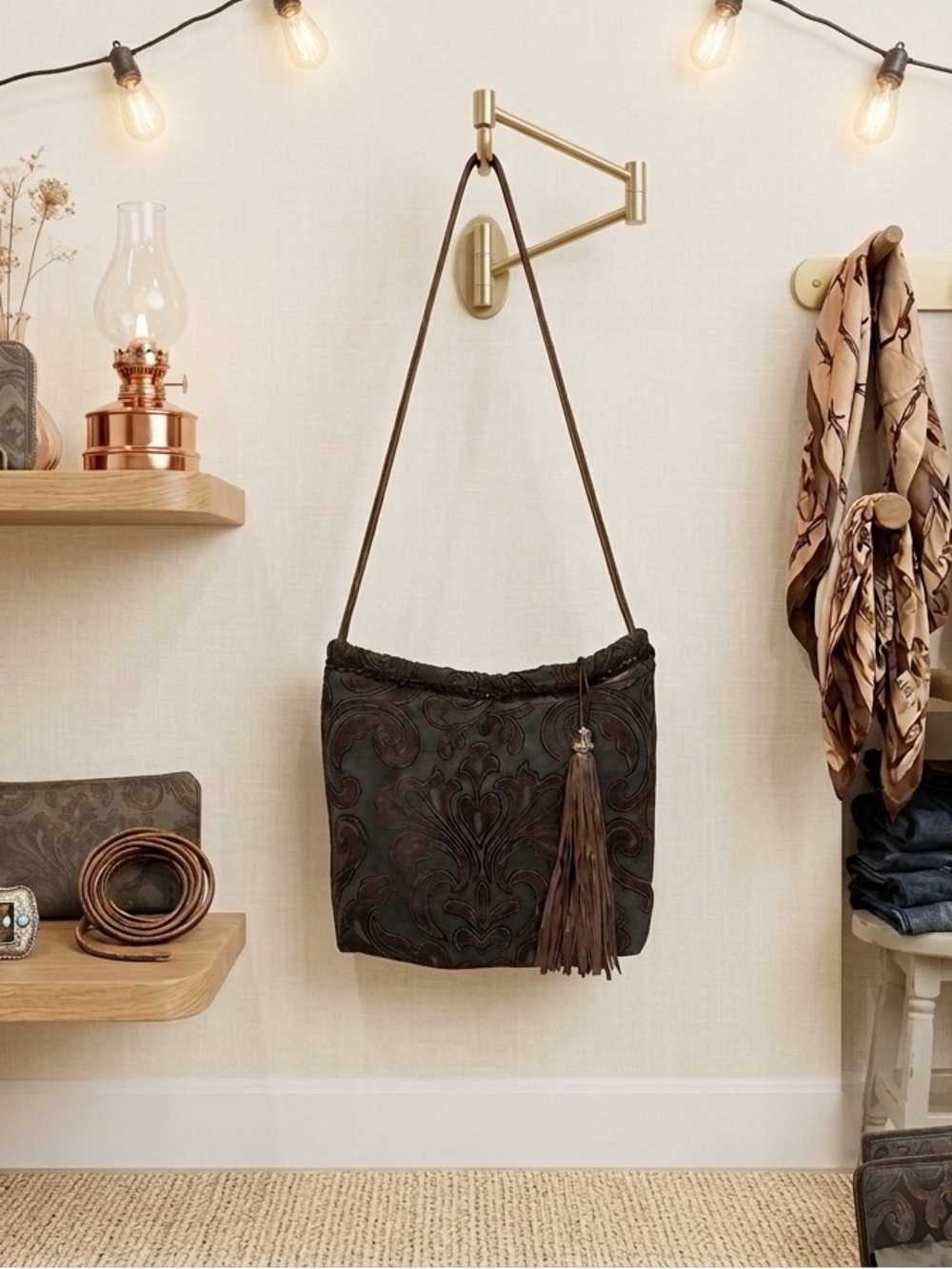 Brown Embossed Shoulder Bag with Tassel Detail